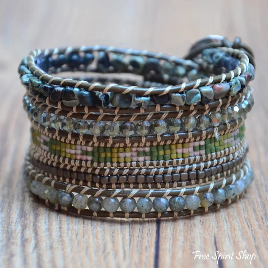 Handmade Natural Green Agate & Labradorite Gemstone Leather Wrap Bracelet