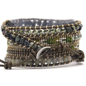 Handmade Natural Green Agate & Labradorite Gemstone Leather Wrap Bracelet