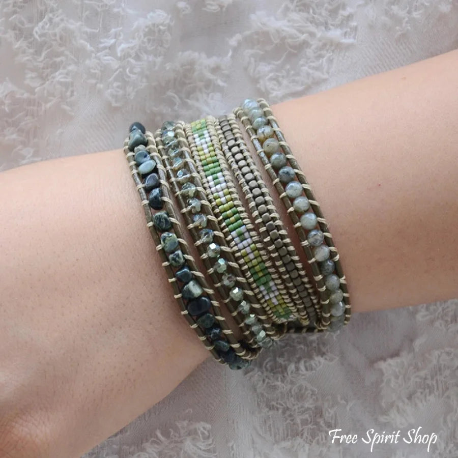 Handmade Natural Green Agate & Labradorite Gemstone Leather Wrap Bracelet