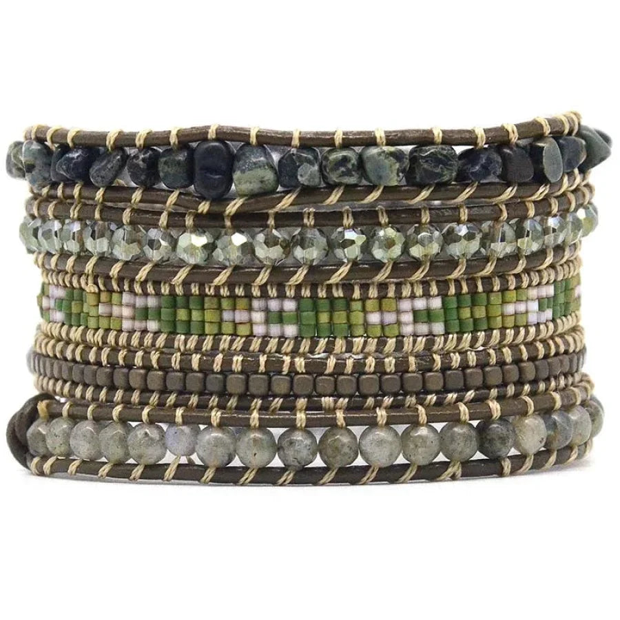 Handmade Natural Green Agate & Labradorite Gemstone Leather Wrap Bracelet