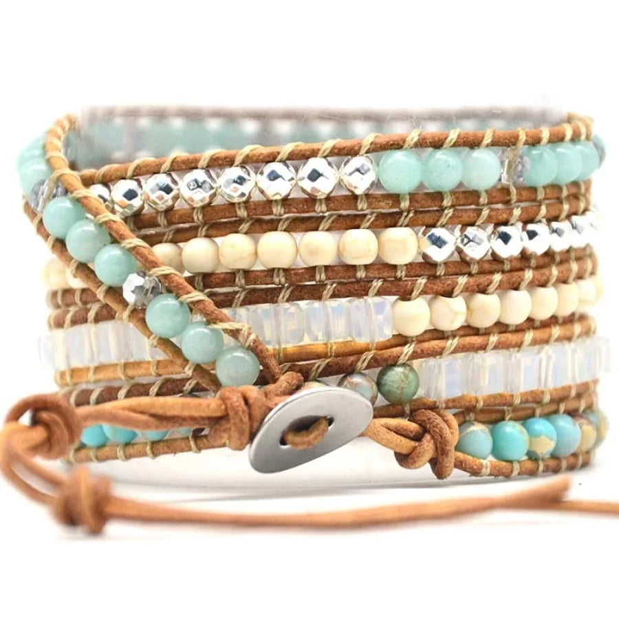 Handmade Natural Amazonite & Howlite Shell Leather Wrap Bracelet