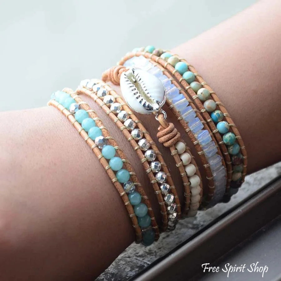 Handmade Natural Amazonite & Howlite Shell Leather Wrap Bracelet