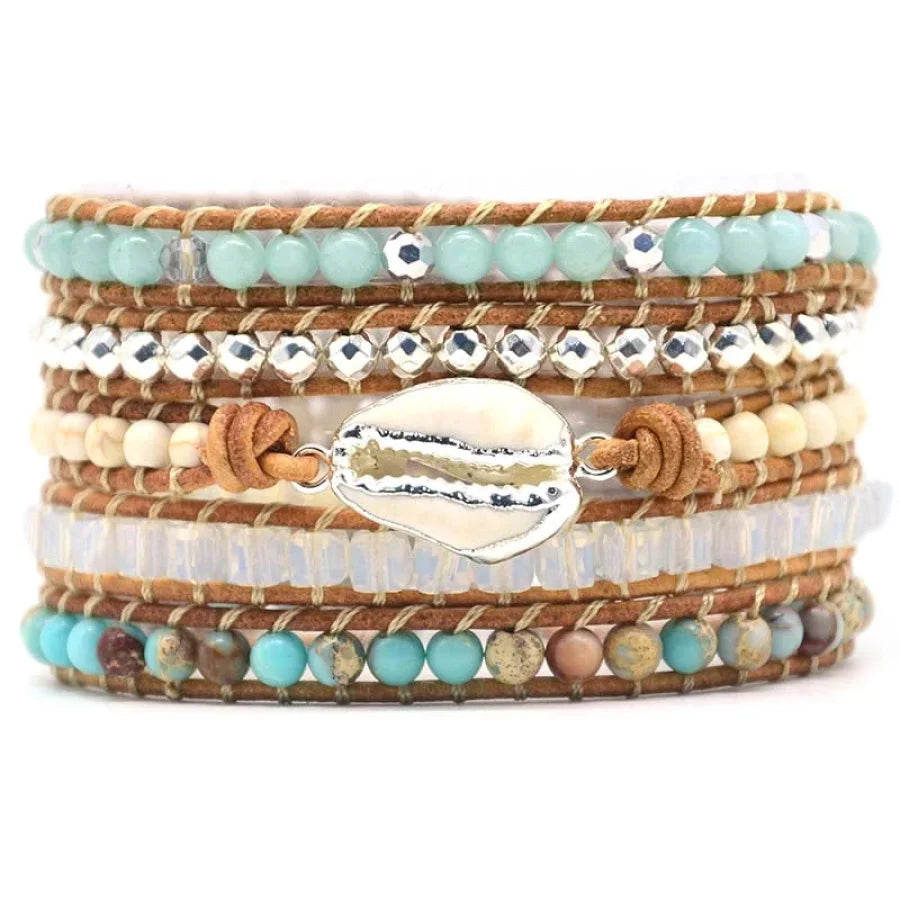 Handmade Natural Amazonite & Howlite Shell Leather Wrap Bracelet