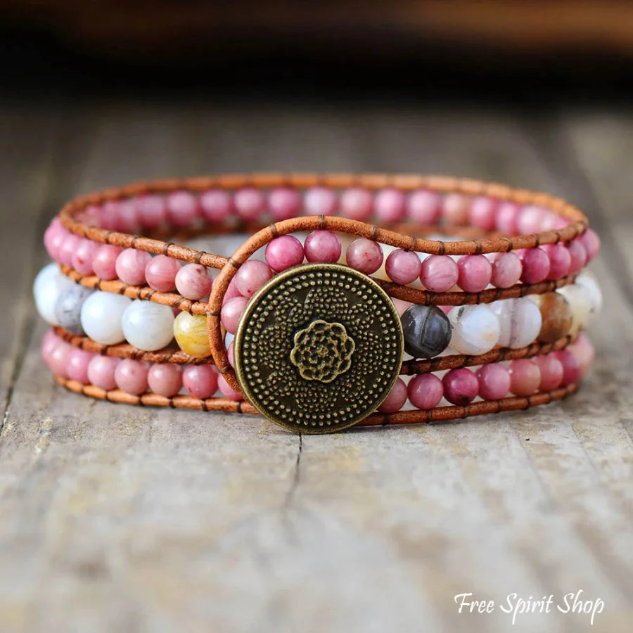 Natural Rhodonite & Amazonite Beaded Wrap Bracelet