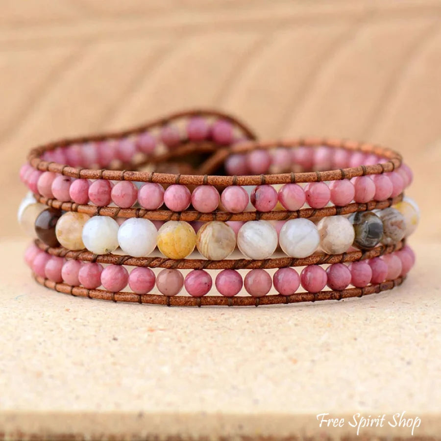 Natural Rhodonite & Amazonite Beaded Wrap Bracelet