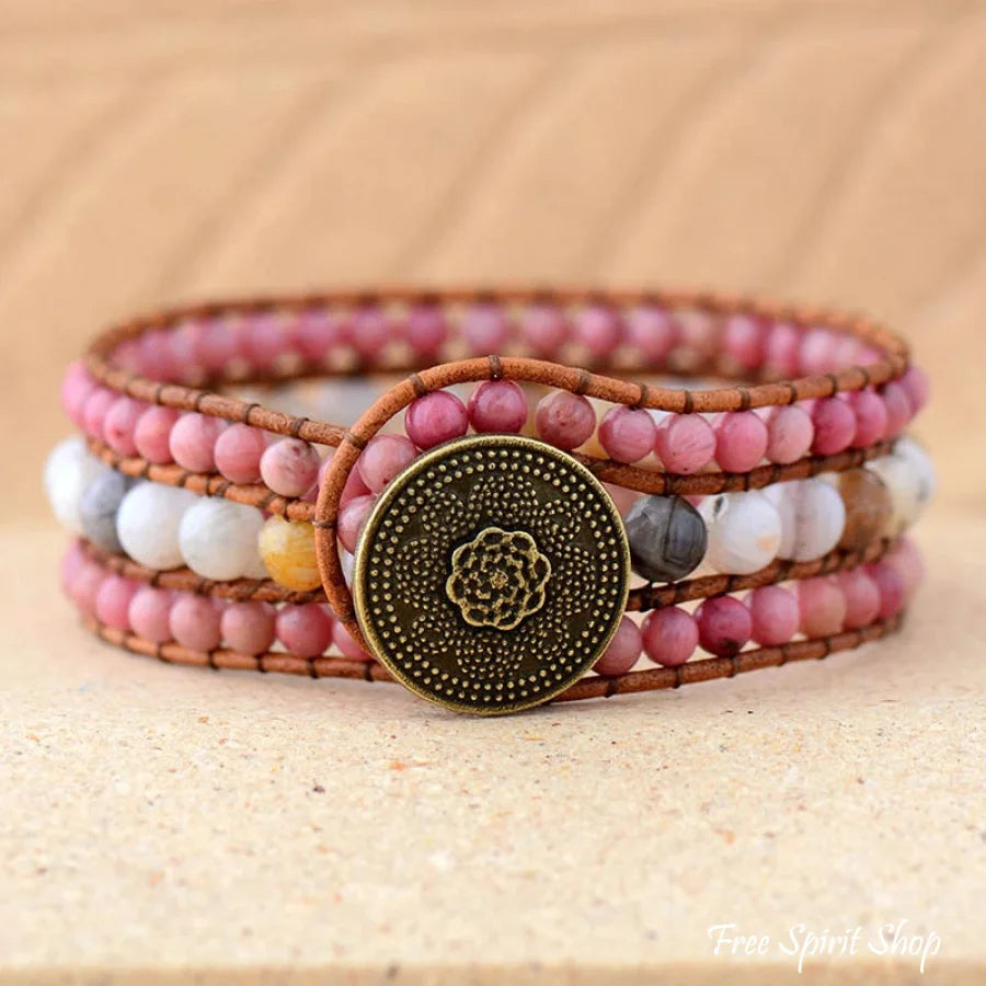 Natural Rhodonite & Amazonite Beaded Wrap Bracelet