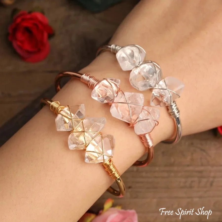 Natural Clear Quartz Crystal Wandpoint Cuff Bracelet