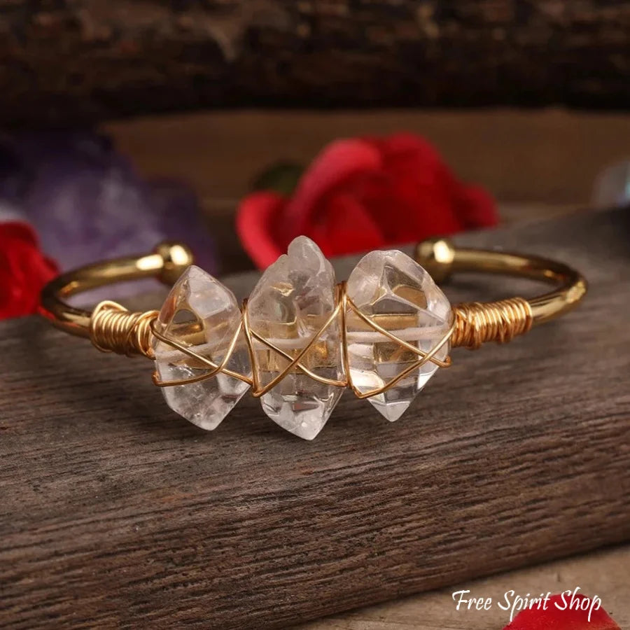 Natural Clear Quartz Crystal Wandpoint Cuff Bracelet