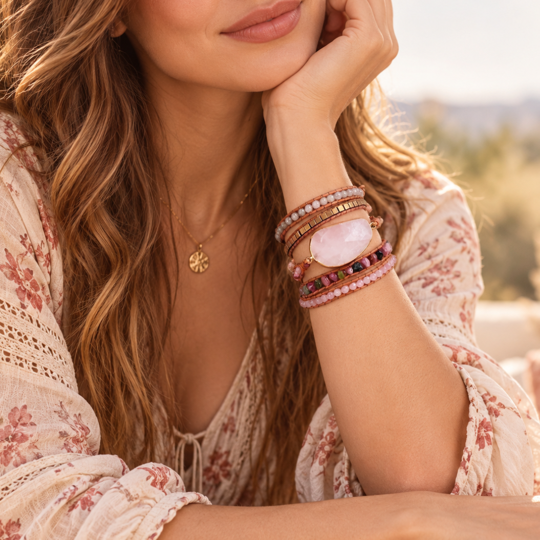 Natural Rose Quartz & Tourmaline Beaded Wrap Bracelet