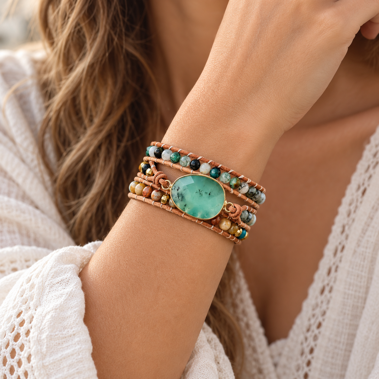 Natural Green Jade Jasper and Moss Agate Wrap Bracelet
