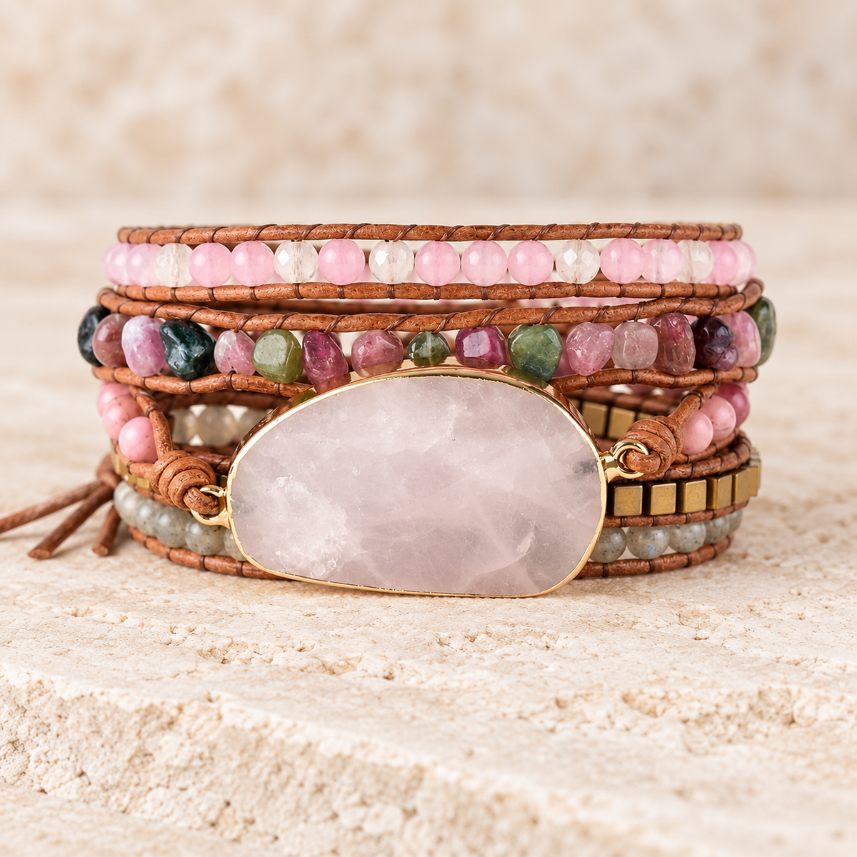 Natural Rose Quartz & Tourmaline Beaded Wrap Bracelet