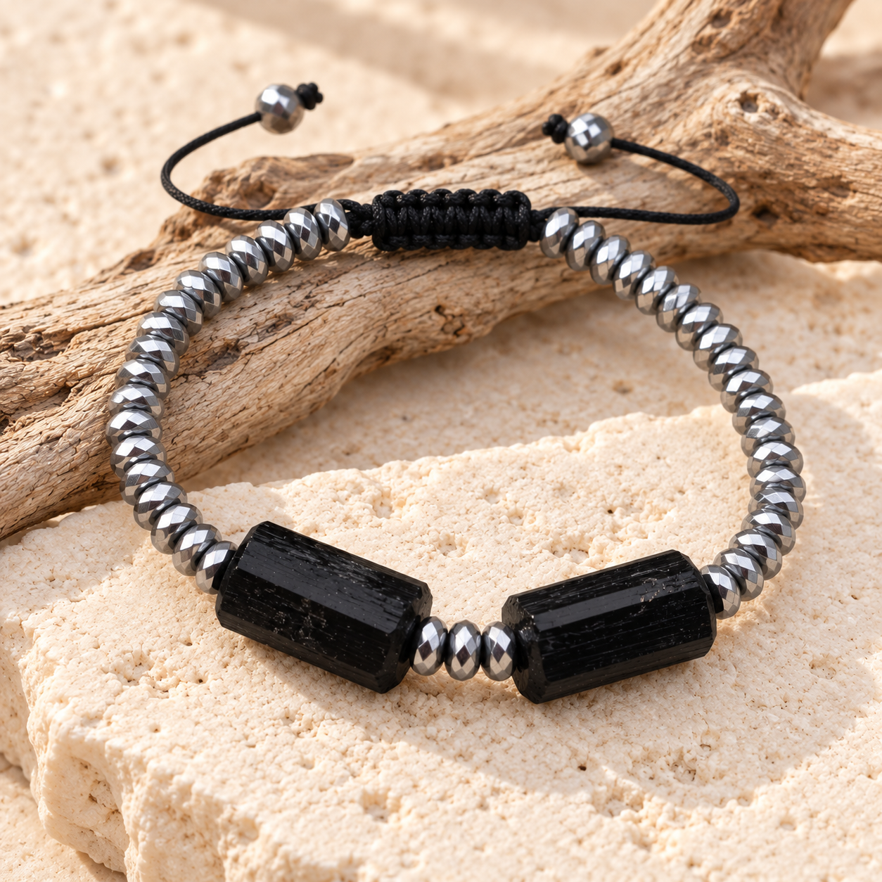 Handmade Natural Black Toumaline & Hematite Gemstone Beads Bracelet
