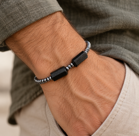Handmade Natural Black Toumaline & Hematite Gemstone Beads Bracelet