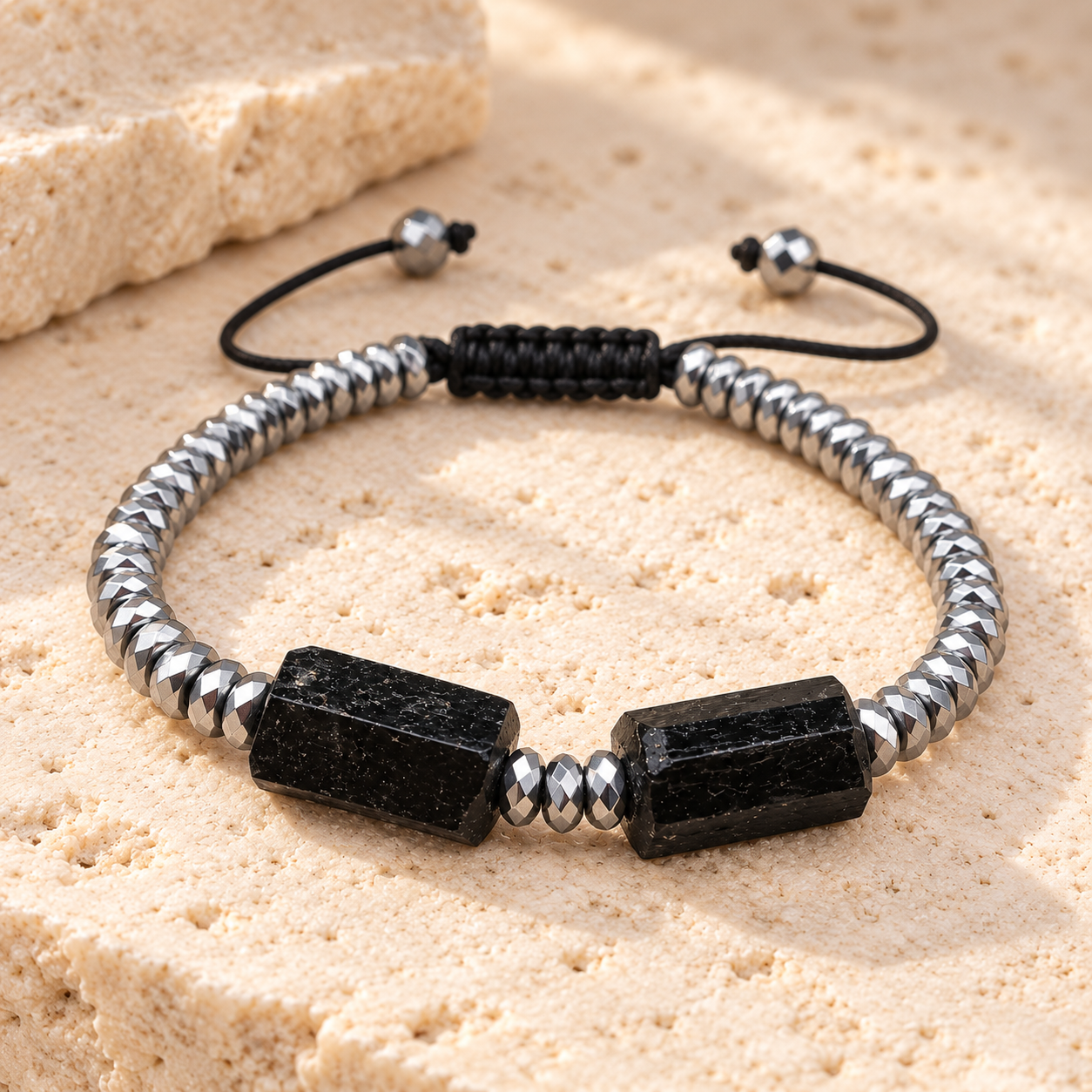 Handmade Natural Black Toumaline & Hematite Gemstone Beads Bracelet
