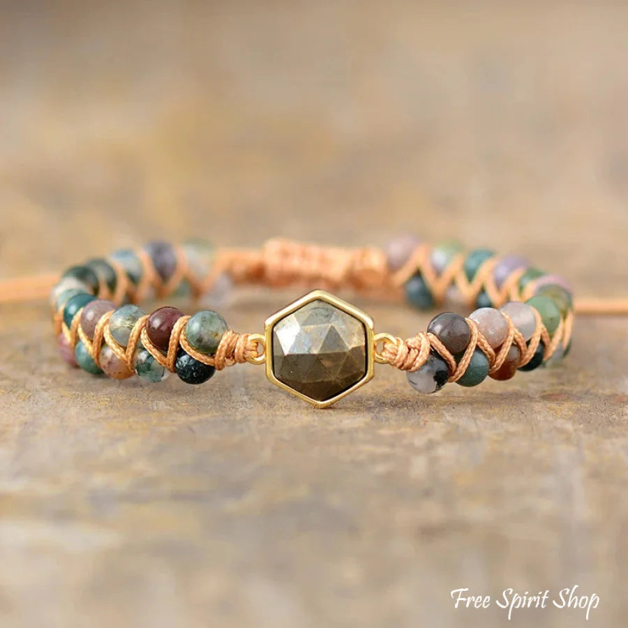 Natural Indian Agate & Pyrite Stone Beaded Bracelet