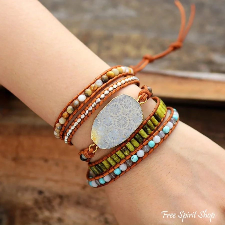 Handmade Natural Chrysanthemum Gemstone Leather Wrap Bracelet