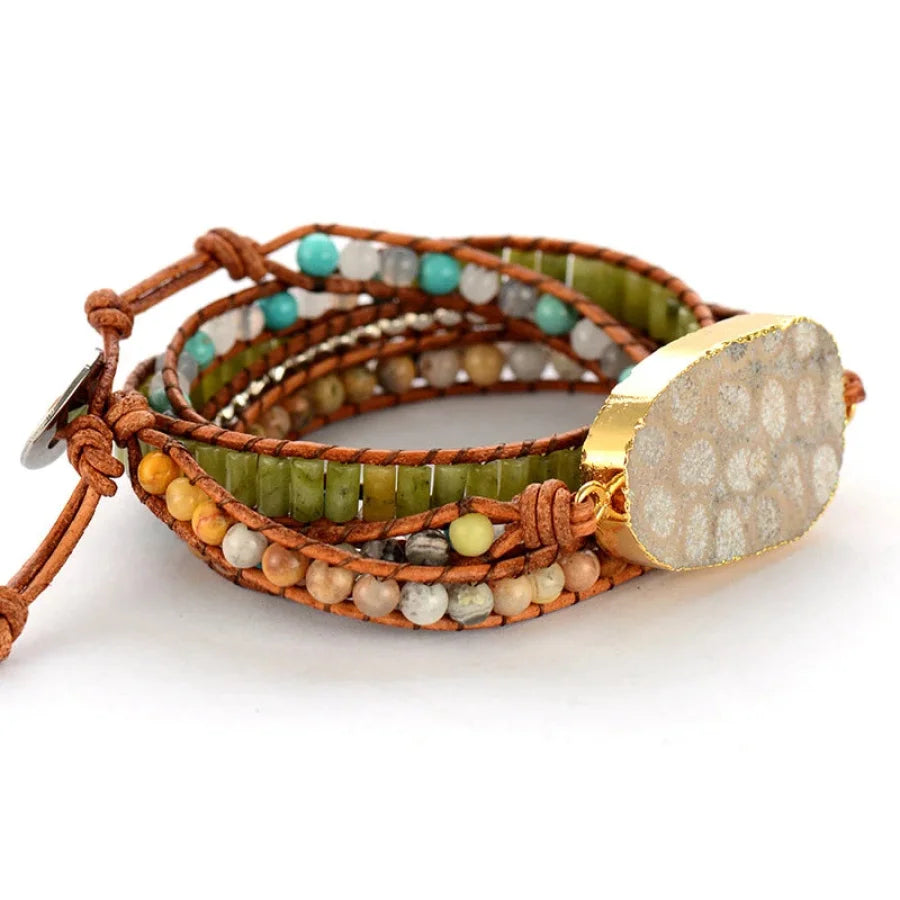 Handmade Natural Chrysanthemum Gemstone Leather Wrap Bracelet