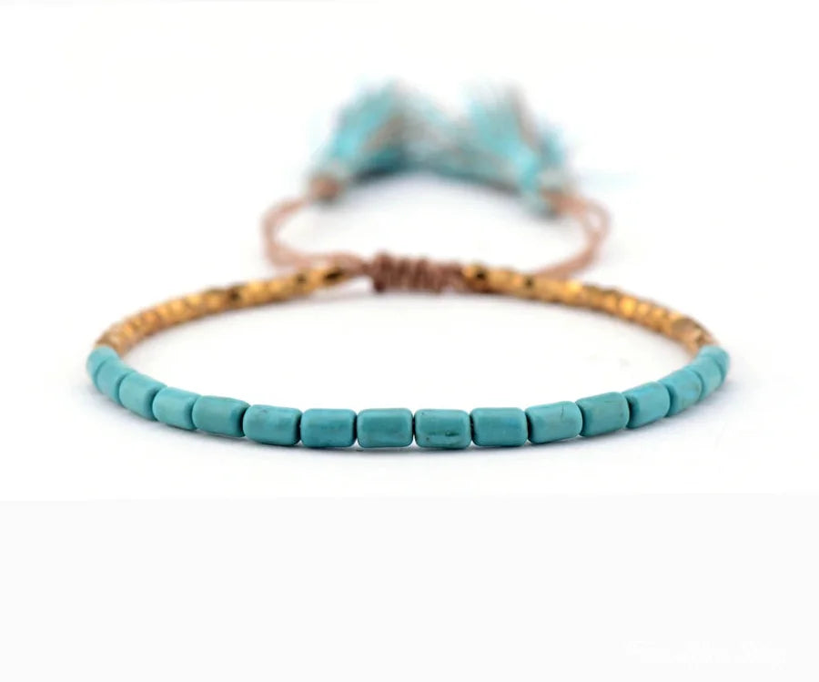 Handmade Turquoise Stone and Golden Bead Bracelet With Tassels