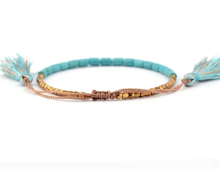 Handmade Turquoise Stone and Golden Bead Bracelet With Tassels