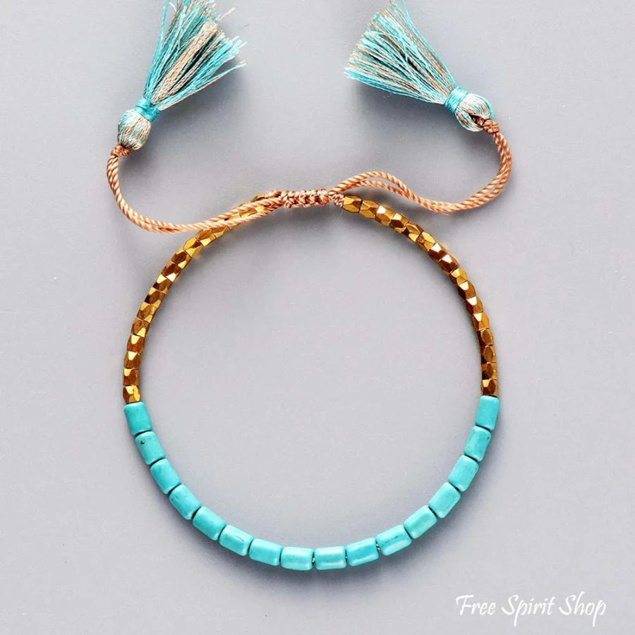 Handmade Turquoise Stone and Golden Bead Bracelet With Tassels
