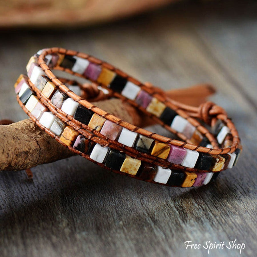 Natural Jasper Semi-Precious Stone Two Layer Leather Bracelet - 6 Colours