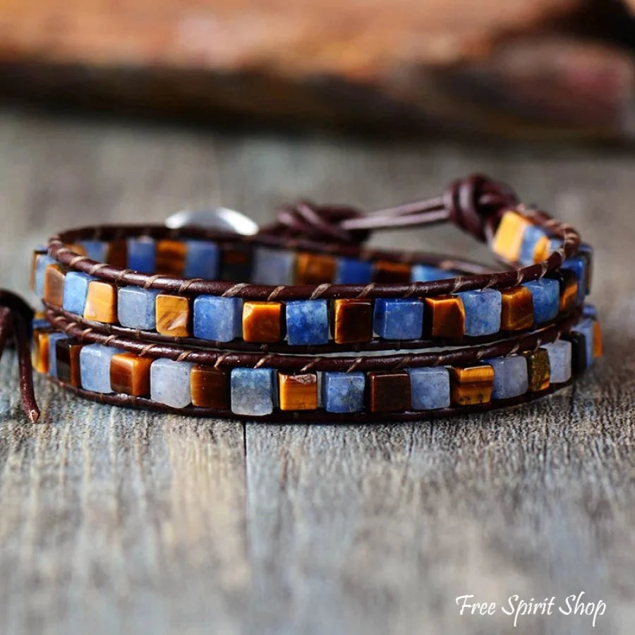 Natural Jasper Semi-Precious Stone Two Layer Leather Bracelet - 6 Colours