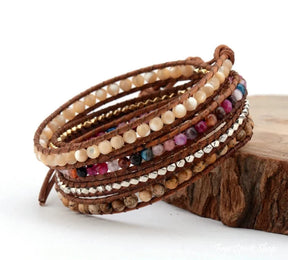 Handmade Natural Sunstone & Jasper Leather Wrap Bracelet