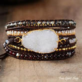 Handmade White Druzy & Crystal Beads Leather Wrap Bracelet