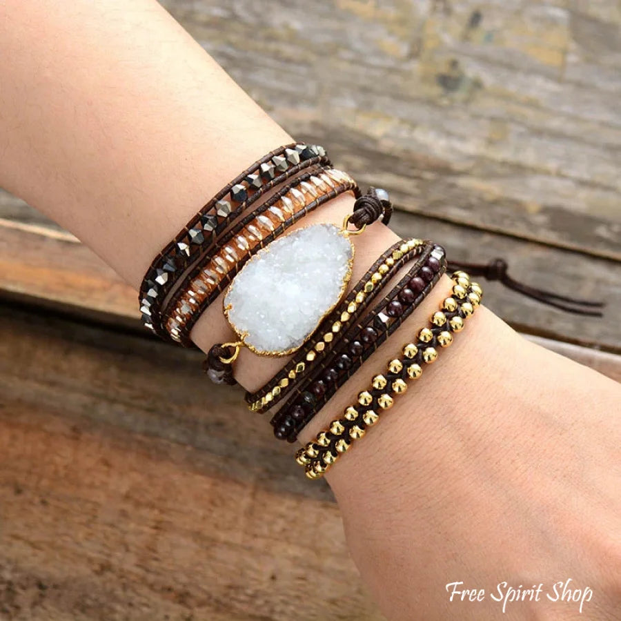 Handmade White Druzy & Crystal Beads Leather Wrap Bracelet