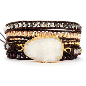 Handmade White Druzy & Crystal Beads Leather Wrap Bracelet