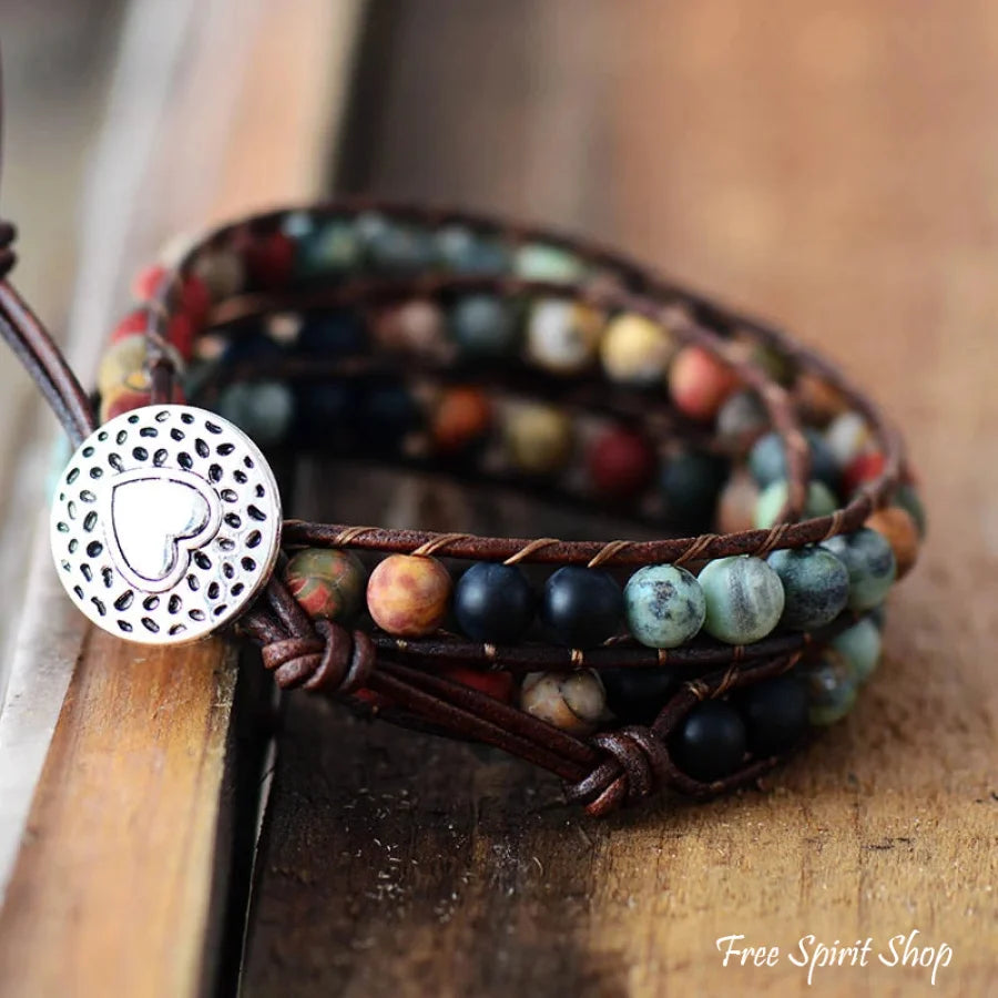 Natural Semi-Precious Gemstones "LOVE" Leather Wrap Bracelet