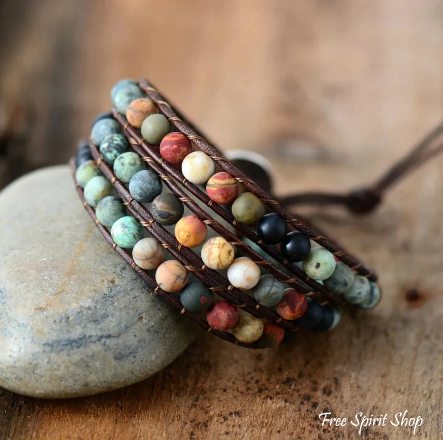 Natural Semi-Precious Gemstones "LOVE" Leather Wrap Bracelet