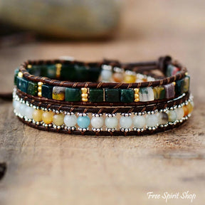 Handmade Natural Amazonite & Onyx Leather Wrap Bracelet