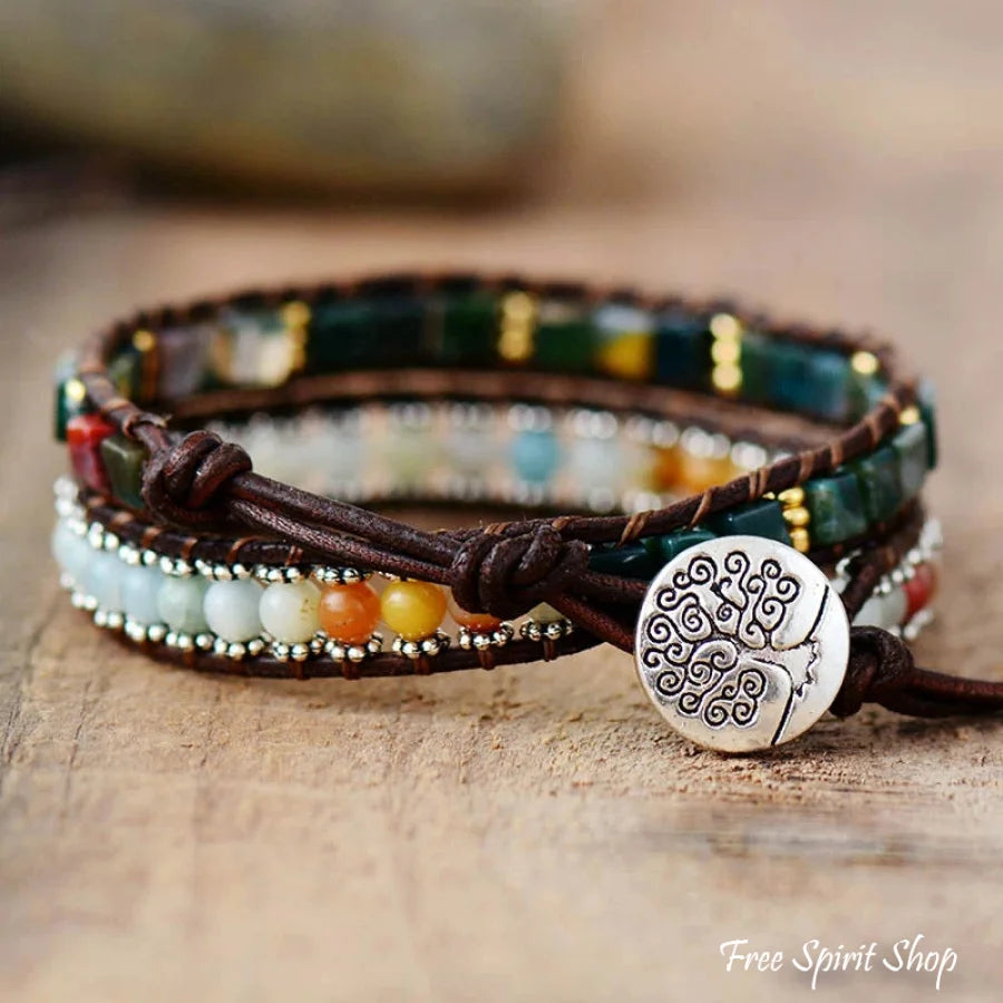 Handmade Natural Amazonite & Onyx Leather Wrap Bracelet