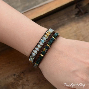 Handmade Natural Amazonite & Onyx Leather Wrap Bracelet