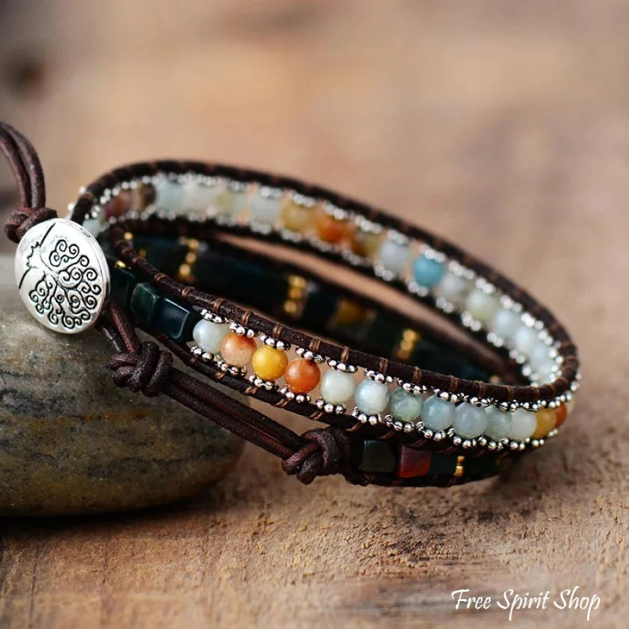 Handmade Natural Amazonite & Onyx Leather Wrap Bracelet