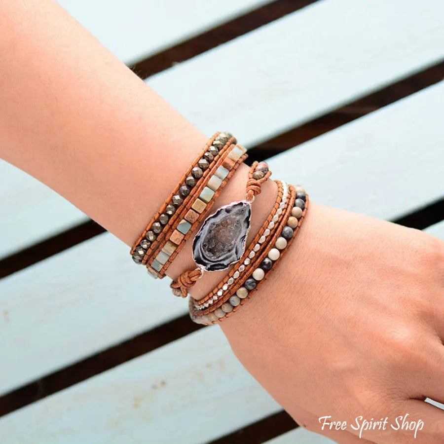 Handmade Jasper & Agate Druzy Leather Wrap Bracelet