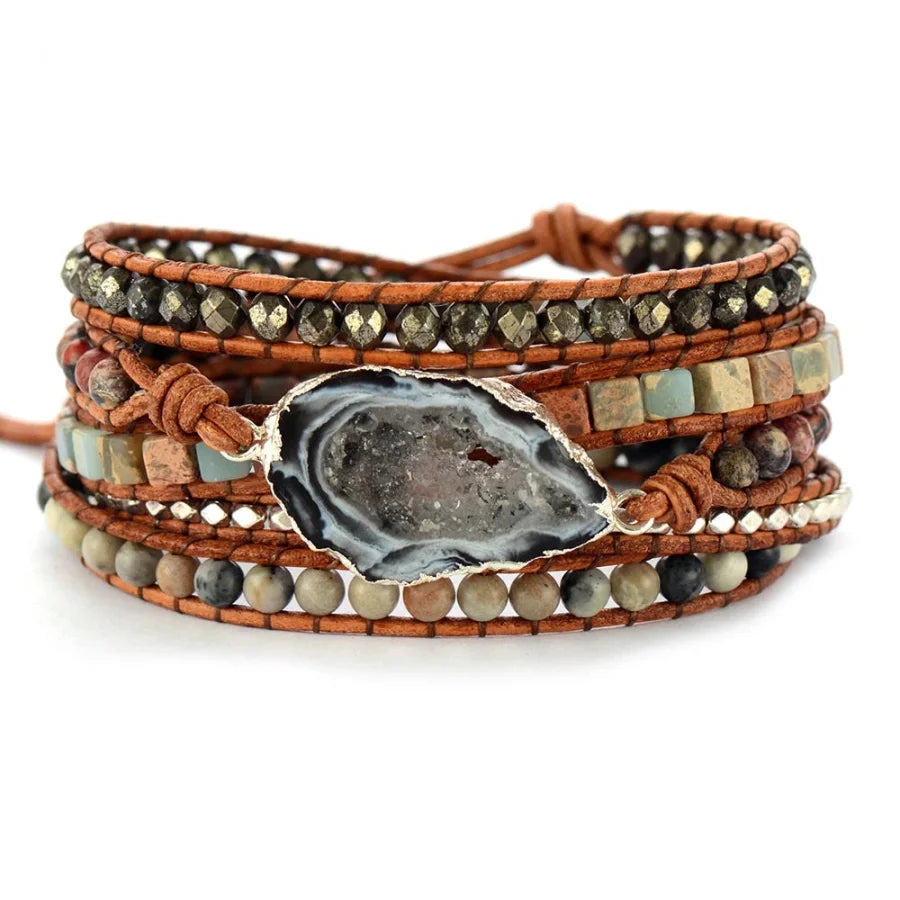 Handmade Jasper & Agate Druzy Leather Wrap Bracelet