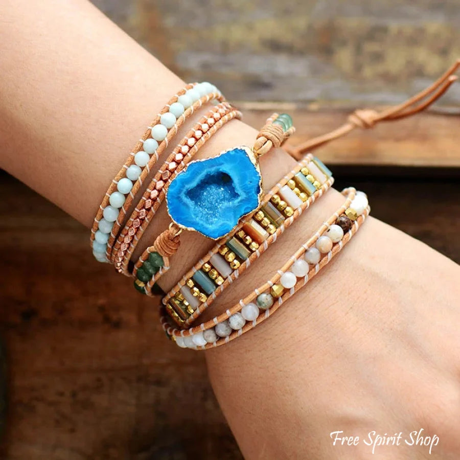 Handmade Natural Jasper Aventurine & Amazonite Druzy Leather Wrap Bracelet