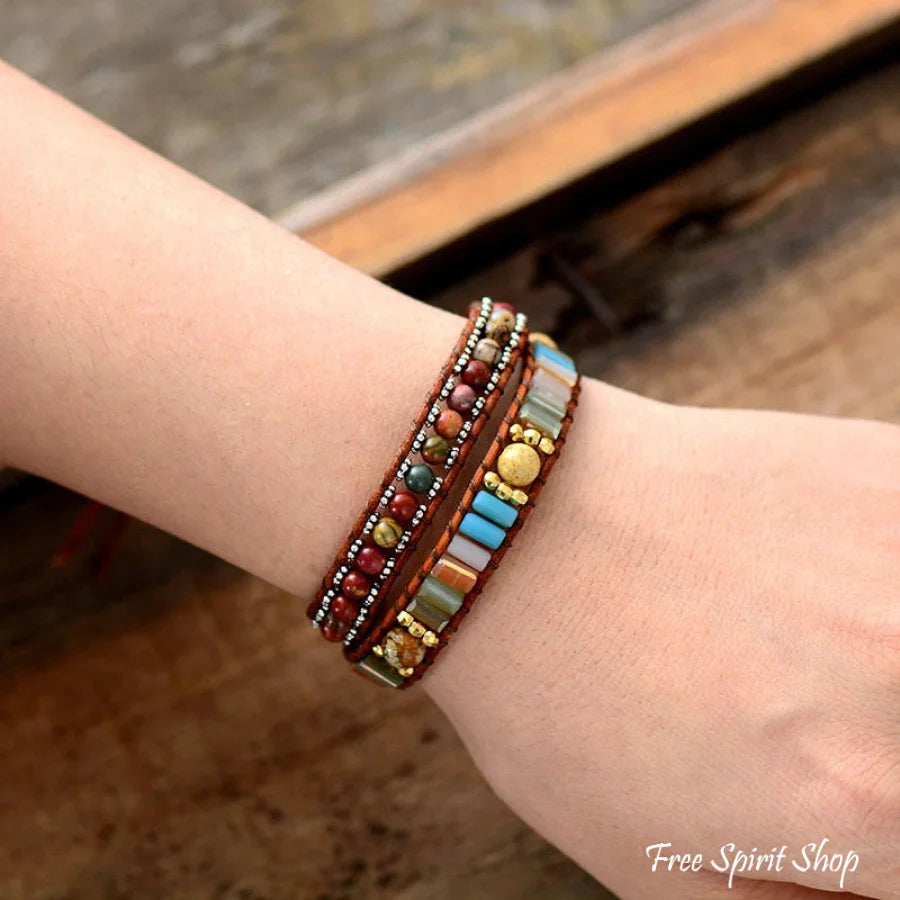 Handmade Natural Jasper & Crystal Leather Wrap Bracelet