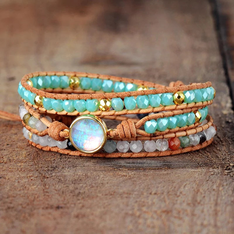 Handmade Clear Quartz & Opal Rhinestone Wrap Bracelet