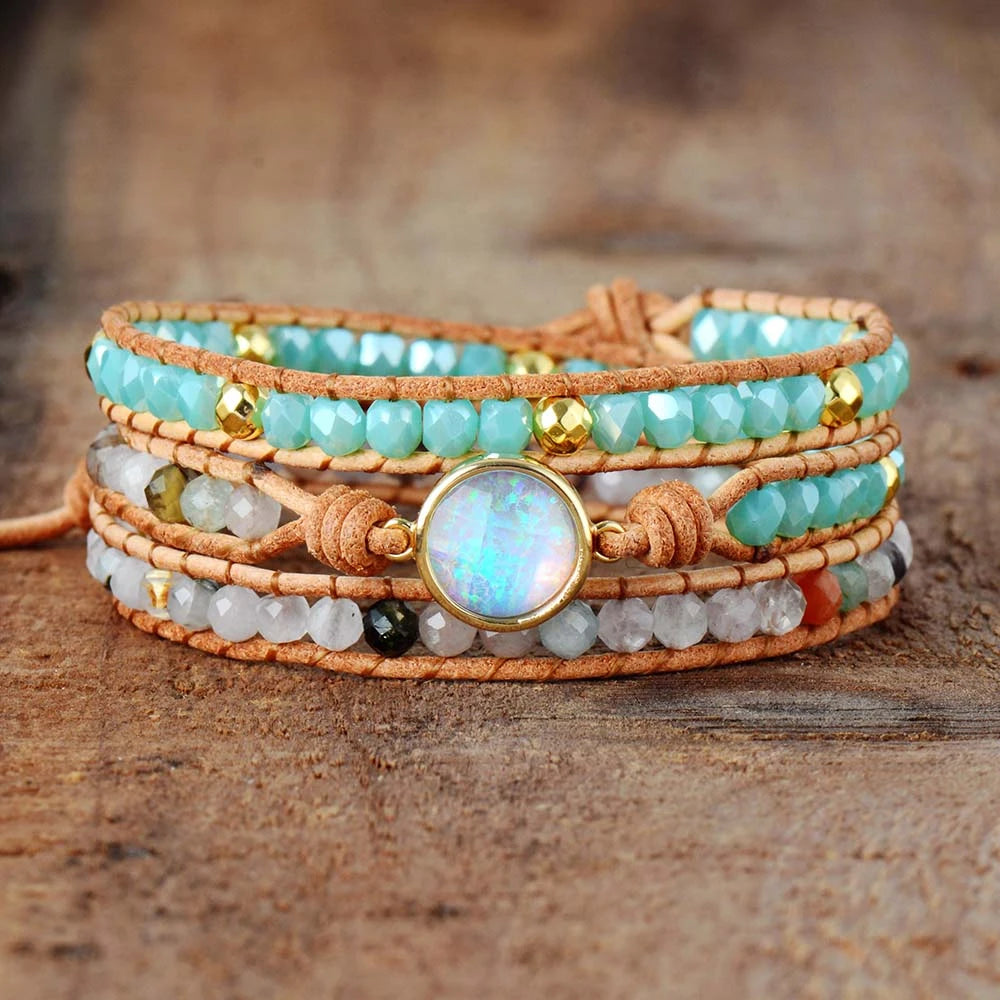 Handmade Clear Quartz & Opal Rhinestone Wrap Bracelet