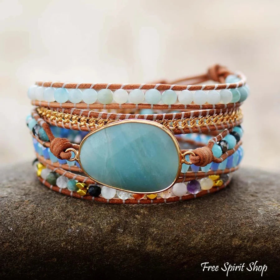 Natural Amazonite & Gold Chain Bead Wrap Bracelet