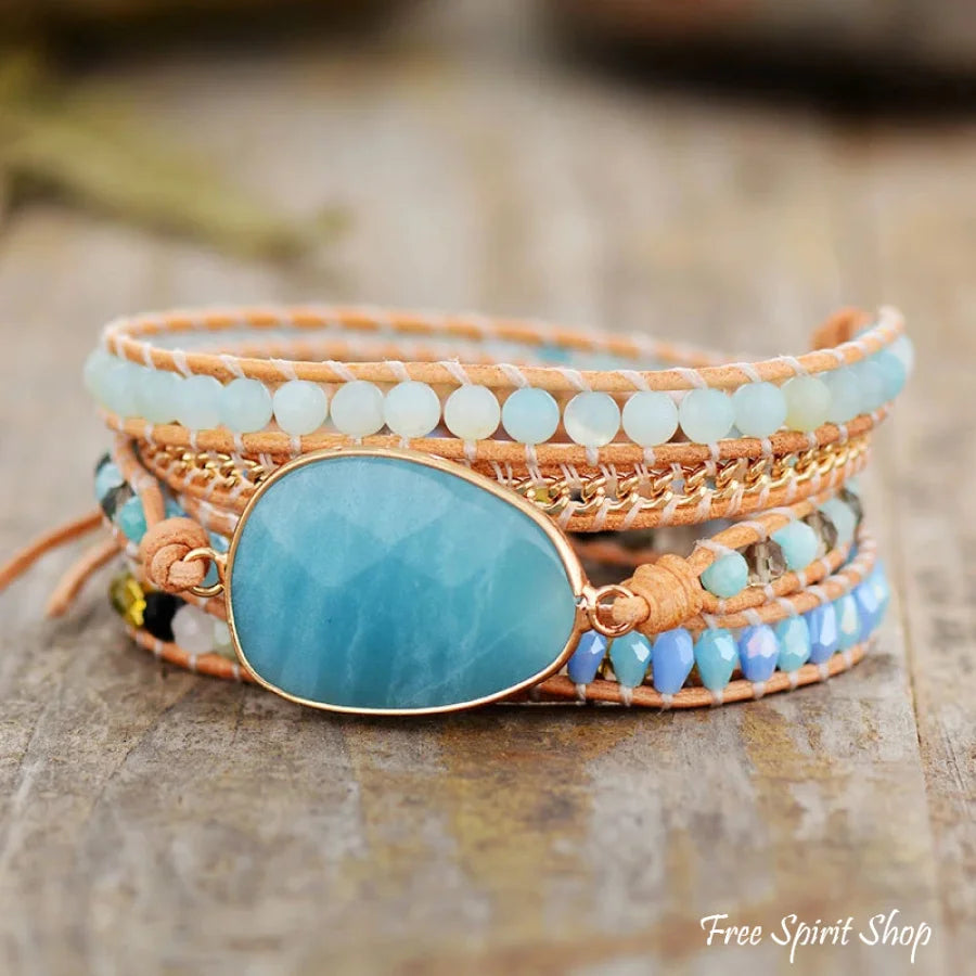 Natural Amazonite & Gold Chain Bead Wrap Bracelet