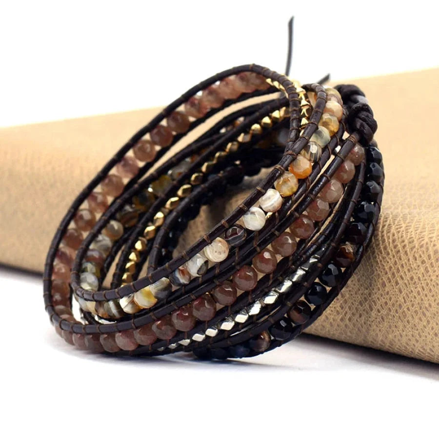 Handmade Mix Natural Gemstone Brown Leather Wrap Bracelet