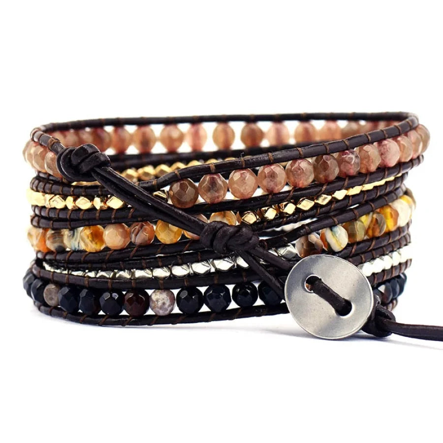 Handmade Mix Natural Gemstone Brown Leather Wrap Bracelet