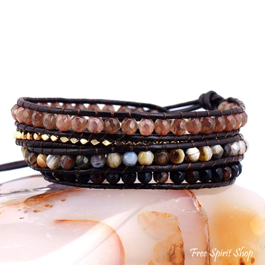 Handmade Mix Natural Gemstone Brown Leather Wrap Bracelet