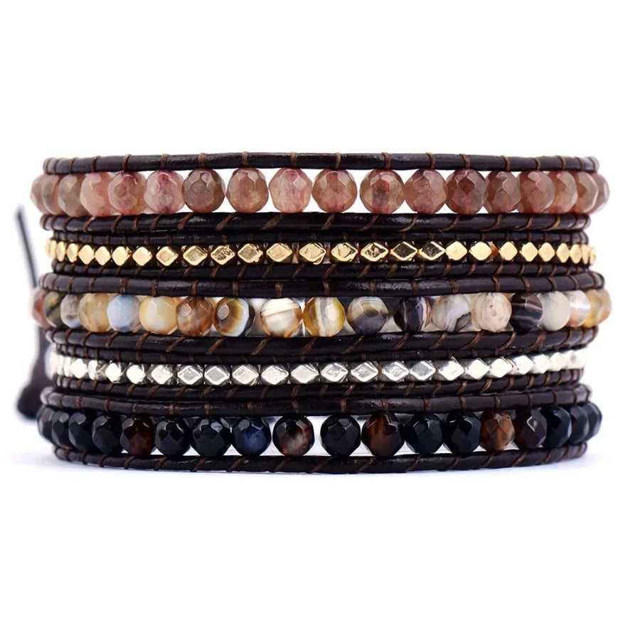 Handmade Mix Natural Gemstone Brown Leather Wrap Bracelet