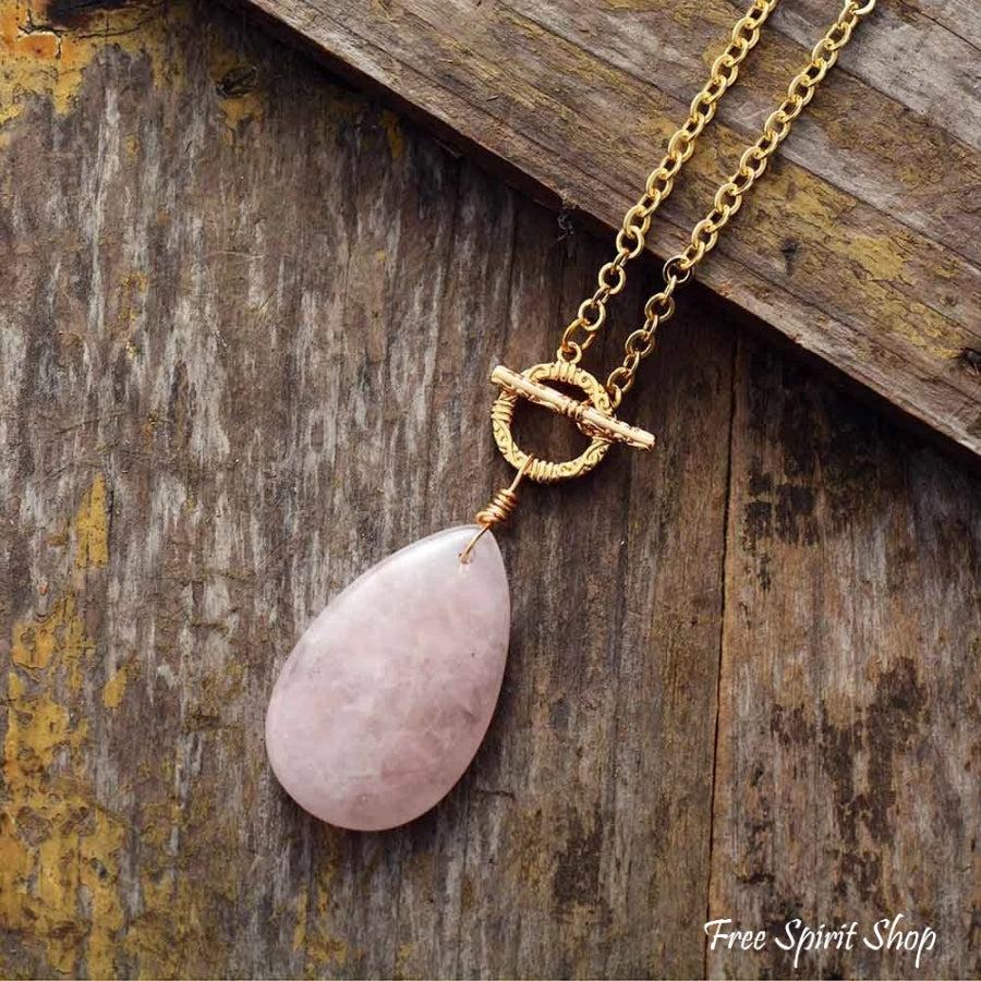 Natural Rose Quartz Teardrop Pendant Gold Necklace Jewelry > Gemstone Bead