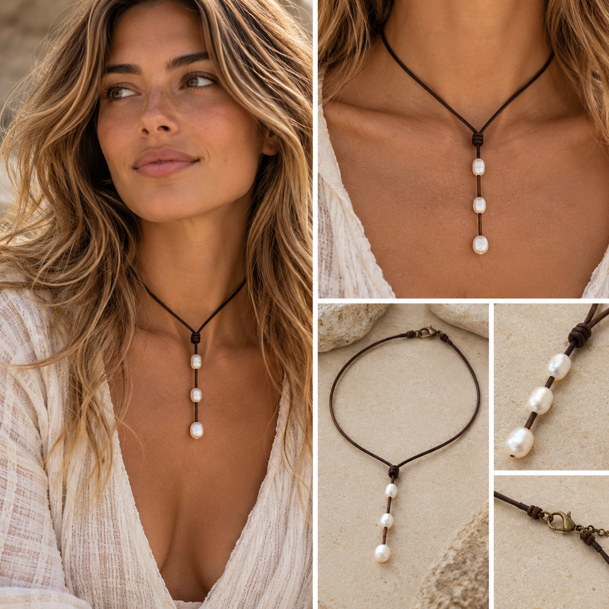 Freshwater Pearl Y-Drop Leather Choker Necklace